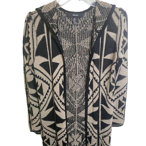 FOREVER 21 BLACK/BEIGE HOODED OPEN FRONT MAXI CARDIGAN SIZE: S - Picture 4 of 6